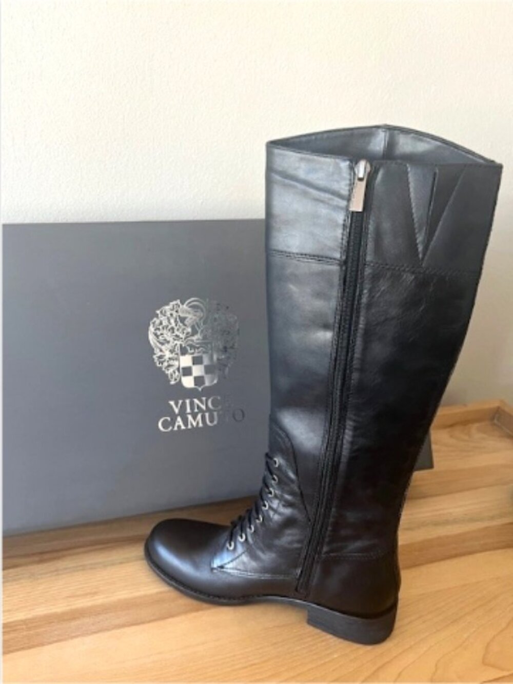 Vince Camuto Kari Tall Leather Boots Black Two‑Tone Calf Zip Size 7.5M NIB - Picture 3 of 5